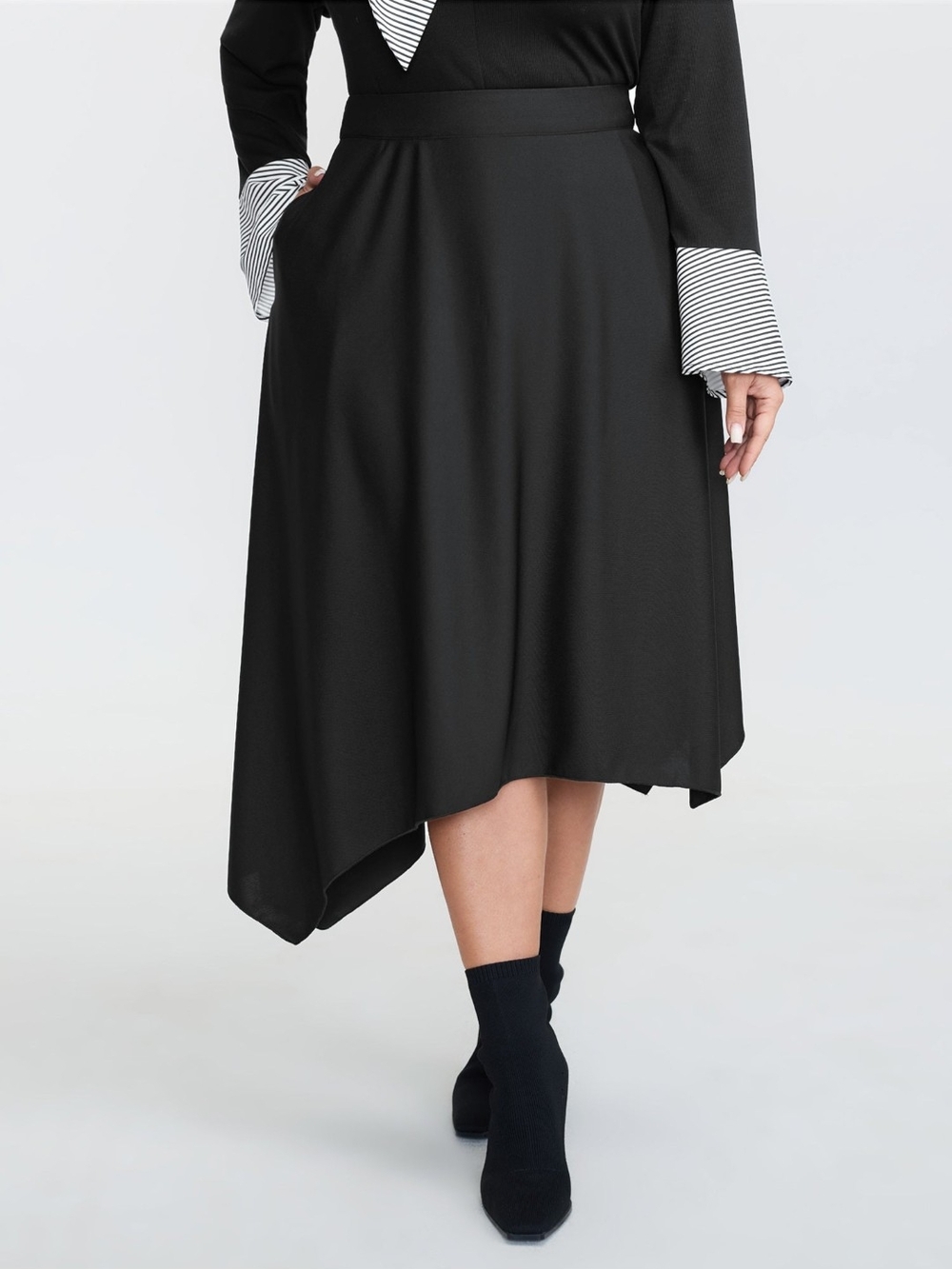 BloomChic Black Asymmetrical Midi Skirt